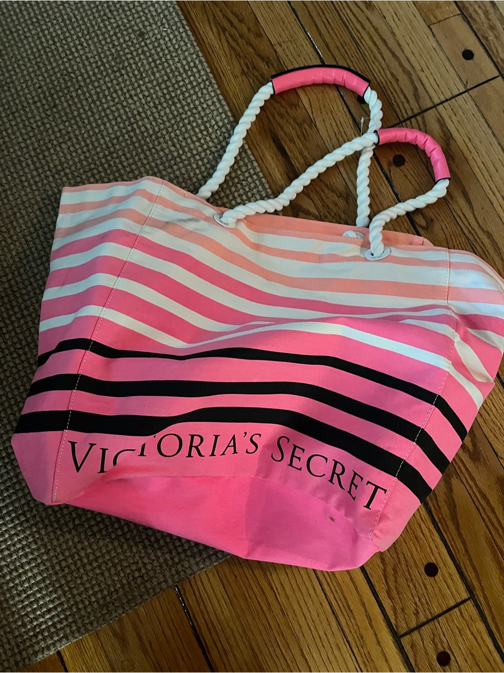 Victoria's Secret Pink and White Striped Rope Handle Tote